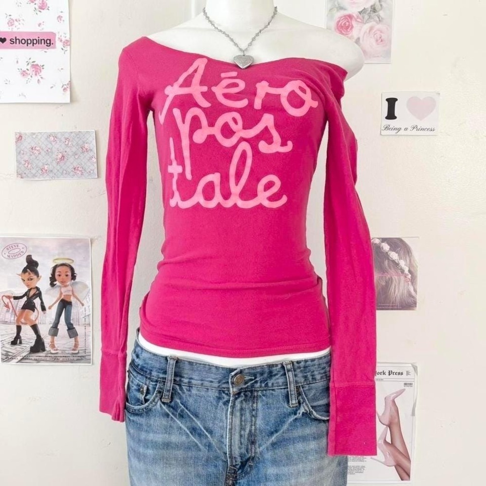 Aeropostale Hot Pink Off-The-Shoulder Graphic Tee - Picture 1 of 7